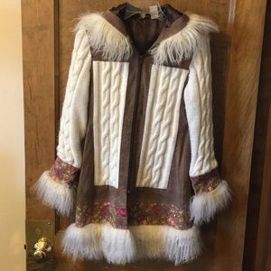 Sweater coat with embroidered suede, lamb trim